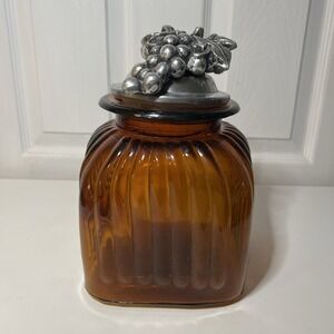 Large Ribbed Amber Glass Canister Jar Cast Metal Grapes Handle Lid 9"x7"x7"‎